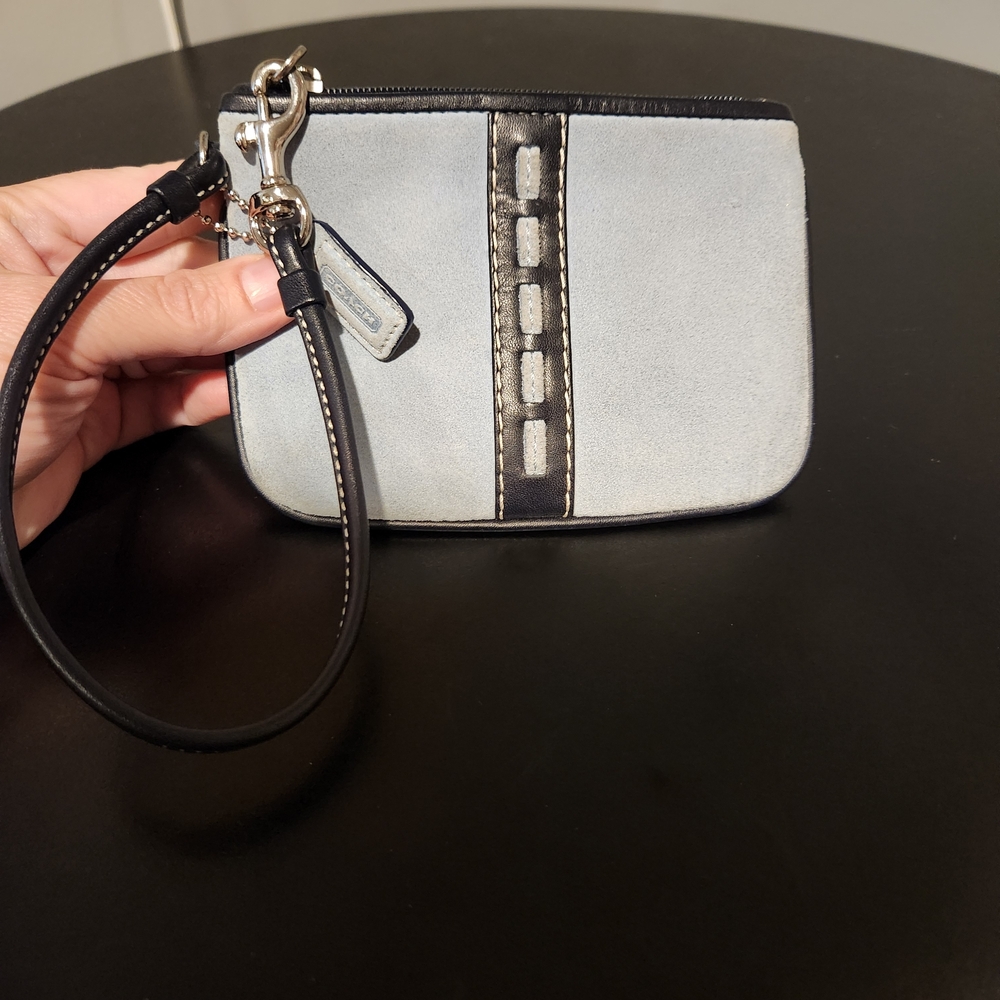 Coach Baby Blue Suede And Black Leather Wristlet